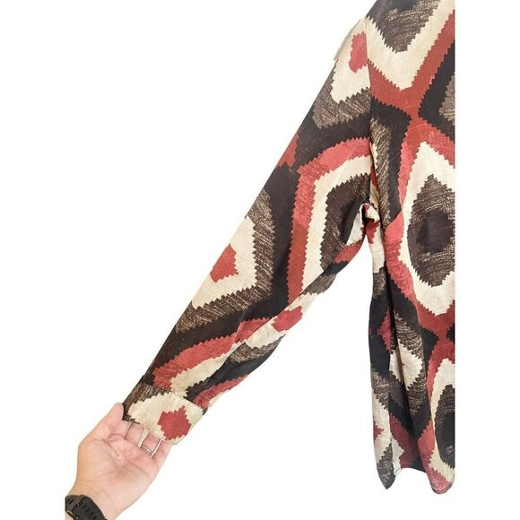 Lauren Ralph Lauren 100% Silk Top Womens 1X Brown Brick Red Aztec Southwestern - Picture 5 of 10